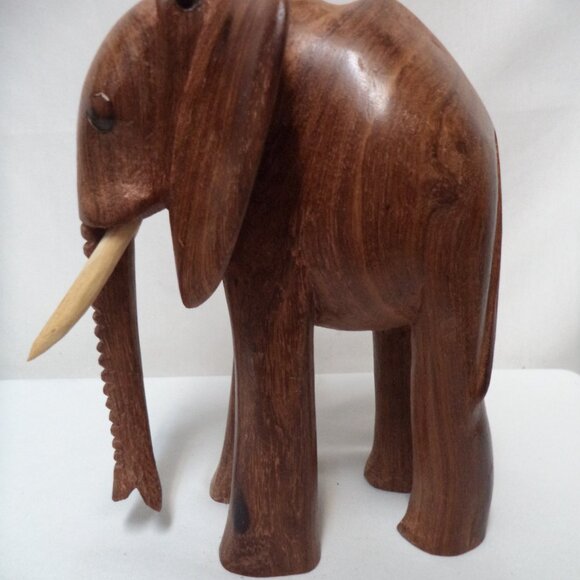 Elephant Wood Hand Carved Figurine Statue brown w/ Tusks Trunk 11" x 8.5" Decor - Picture 7 of 13